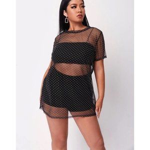 Shein 3 piece plus size crop cami top & shorts with polka dot mesh top- size 0XL